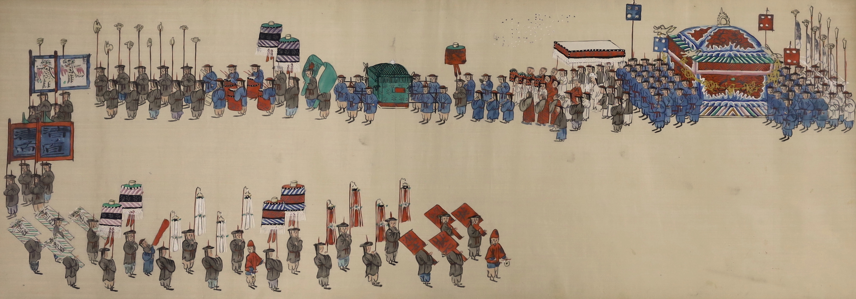 Two Chinese watercolours on silk, Procession of figures, largest 67 x 24cm